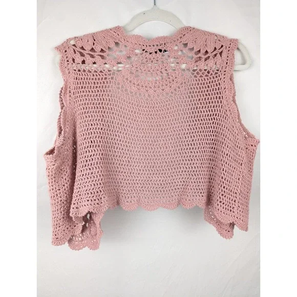 Vtg Y2K Lace Fairy Crochet Sleeveless Cardigan Sz L Pink Coquette Twee Festival - Picture 6 of 9
